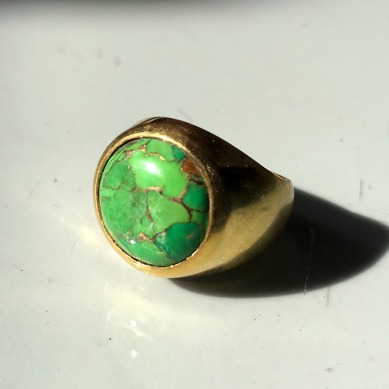 Green copper turquoise ring 925 solid sterling silver round cab yellow gold plated statement ring handmade gemstone plain mens handmade ring