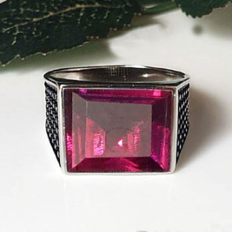 Mens Ruby Hydro Ring 925 Sterling silver ring ruby quartz ring handmade signet mens wedding jewelry gift for father July birthstone ring