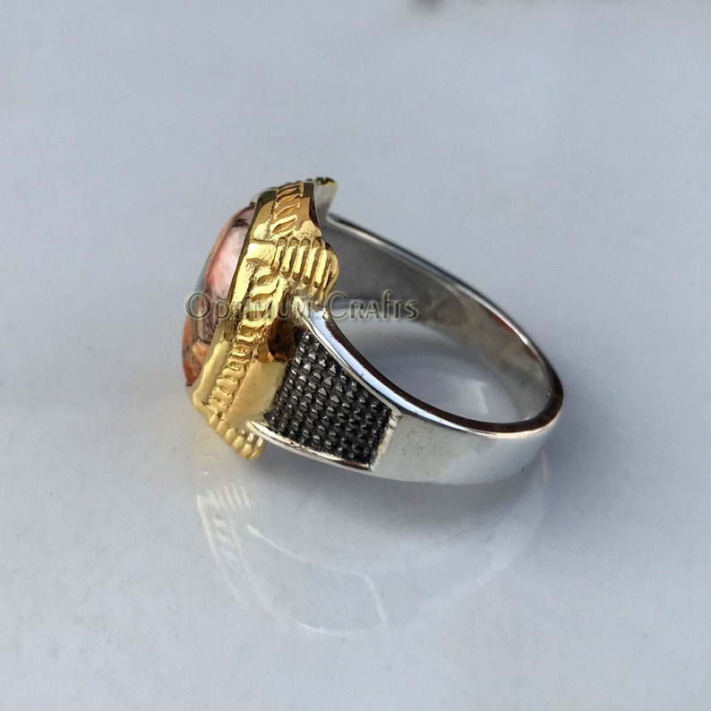 Mens Oyster Copper Ring Brilliant Three Tone Mens Signet Ring Solid 925 Sterling Silver Ring Yellow Gold Plated Ring Cab Turquoise Ring