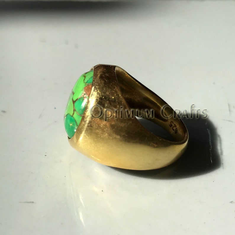 Green copper turquoise ring 925 solid sterling silver round cab yellow gold plated statement ring handmade gemstone plain mens handmade ring