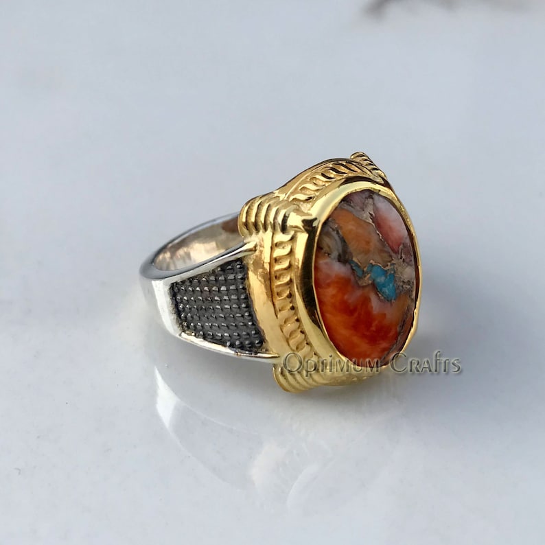 Mens Oyster Copper Ring Brilliant Three Tone Mens Signet Ring Solid 925 Sterling Silver Ring Yellow Gold Plated Ring Cab Turquoise Ring