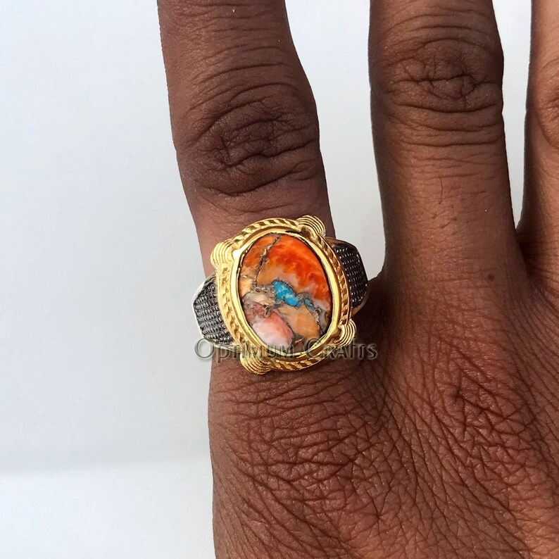 Mens Oyster Copper Ring Brilliant Three Tone Mens Signet Ring Solid 925 Sterling Silver Ring Yellow Gold Plated Ring Cab Turquoise Ring