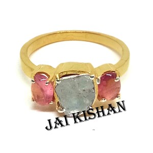 Rosa Turmalin Edelstein Ring, Polki Diamant Ring, 925 Sterling Silber, Oktober Birthstone Schmuck für die Liebe, zierlicher Ring, Polki Schmuck