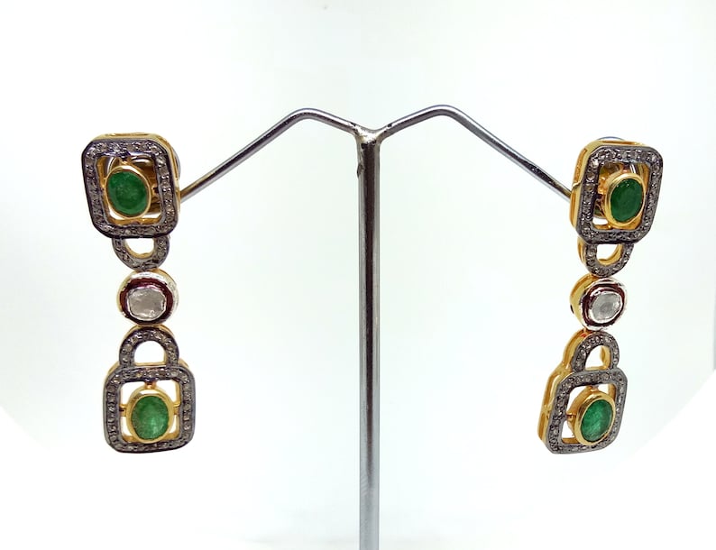 925 Sterling Silver Uncut Pave Diamond Natural Emerald Golden Plated Earring