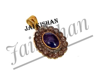 Blue Sapphire Gemstone Pendant: Victorian Style, 925 Sterling Silver & Pave Diamond Jewelry