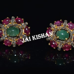 Emerald And Ruby Gemstone Earrings, May And July Birthstone Earring, Gold Plated Earring, 925 Sterling Silver, Victorian Earring, On Sale