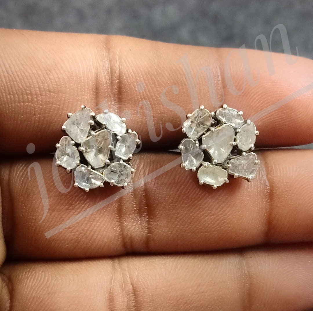 Polki Diamond Earring, Black Plated 925 Sterling Silver, Women Jewelry