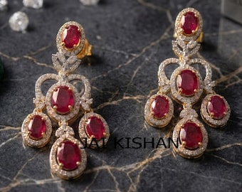 Ruby Gemstone, Pave Diamonds Dangle Earrings, 925 Sterling Silver, Anniversary Jewelry