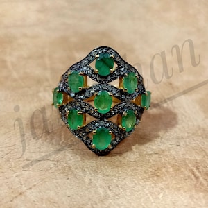 Smaragd Edelstein Ring, 925 Sterling Silber, Pave Diamant Ring, Mai Birthstone Ring, Vintage viktorianischer Ring, Versprechen Schmuck, Geschenk für sie