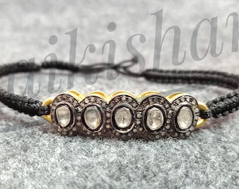 925 Sterling Silver, Pave Diamond Rose cut Polki Diamond Bracelet, Black Thread Bracelet, Bangle Diamond Black Bracelet, Unisex Jewelry