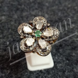Echter Smaragd Edelstein Ring, Polki Diamant Ring, kann Geburtsstein Schmuck, 925 Sterling Silber, Schmuck im viktorianischen Stil, vergoldeter Ring, Geschenk