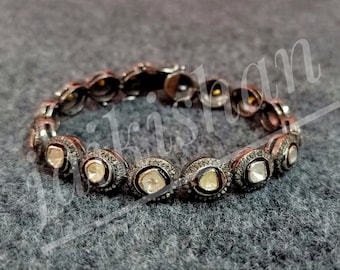 Polki Diamond Bracelet, Oxide 925 Sterling Silver, Chain Bracelet, Victorian Jewelry, Diamond Bangle, Daisy Bracelet, Signet Bracelet, Gift