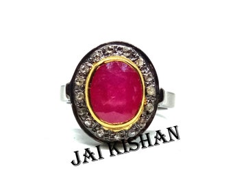 Ruby Gemstone Ring: Black Plated 925 Sterling Silver Pave Diamond