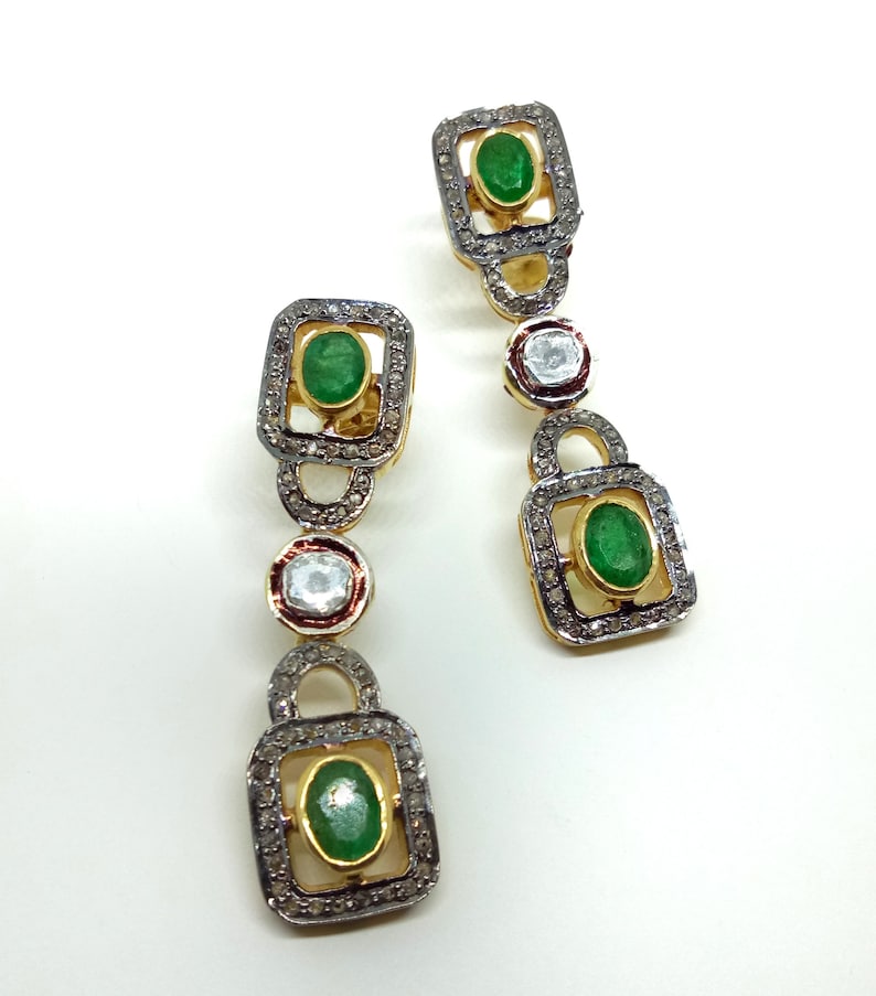 925 Sterling Silver Uncut Pave Diamond Natural Emerald Golden Plated Earring