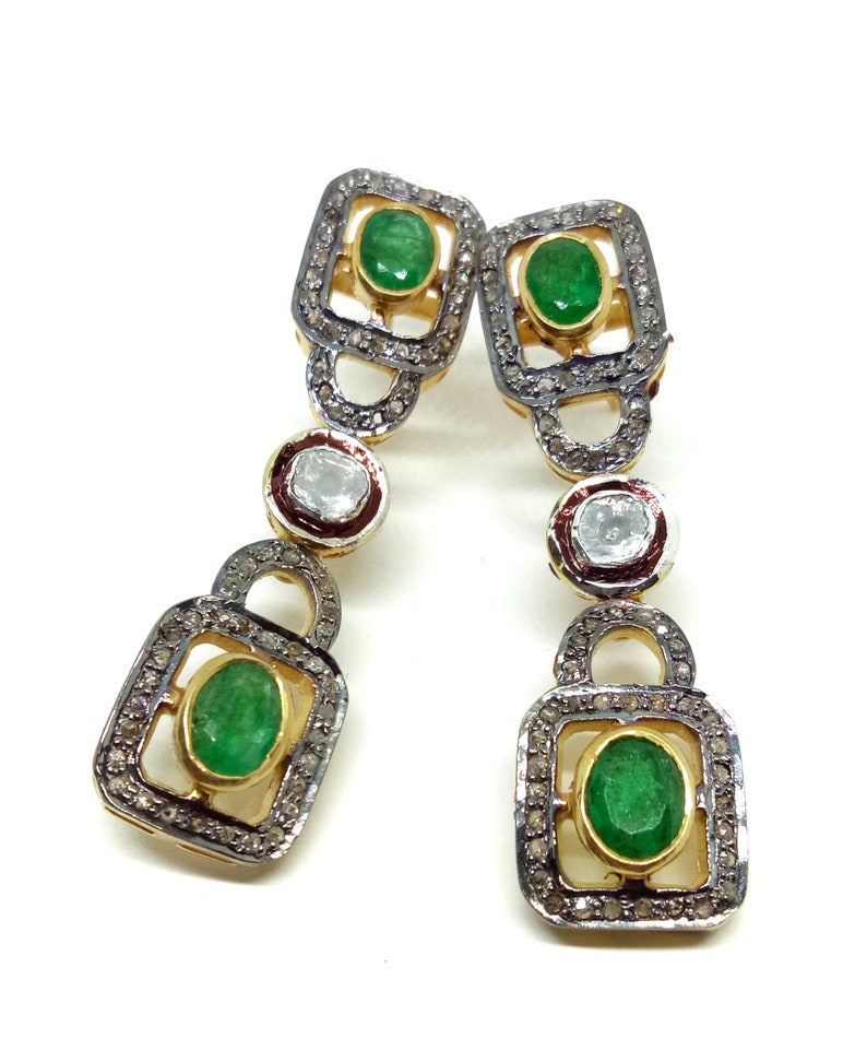 925 Sterling Silver Uncut Pave Diamond Natural Emerald Golden Plated Earring
