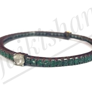 Natural Emerald Gemstone & Polki Diamond Bangle 925 Sterling Silver Wedding Anniversary Gift for Her Women