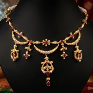 Op de afbeelding: Een gouden ketting met een centraal halvemaanmotief, versierd met kleine witte parels en ovaal geslepen rode edelstenen. Het ontwerp bevat symmetrische bungelende hangers, gedetailleerd filigraan metaalwerk en een parelsnoer.