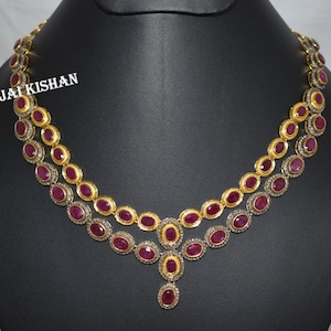Collar con gema de rubí natural: joyería victoriana de plata de ley 925 con diamantes pavé.