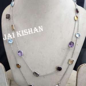 Multi Gemstone Sterling Silver Necklace: Amethyst, Citrine, Topaz, 40&quot;