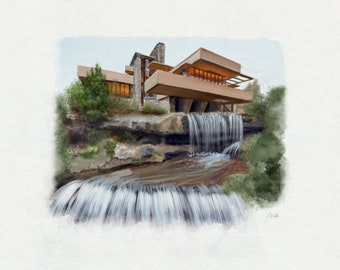 Fallingwater-Mid Century Modern Architecture-Frank Lloyd Wright- Original Art Print