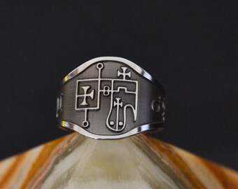 Adjustable Glasya Labolas seal relief ring with the symbols of Leo + Gemini and Mars and Mercury on its sides