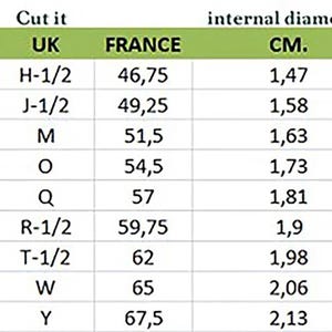 May include: A chart showing ring sizes in different measurement systems, including US, Italian, UK, and French sizes. The chart also includes the corresponding internal diameter and circumference in centimetres.