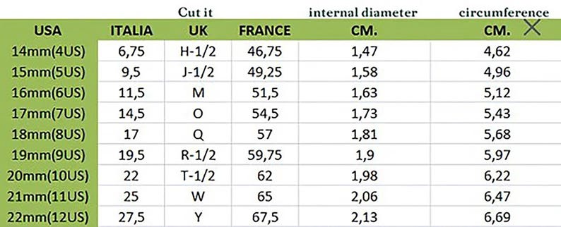 May include: A chart showing ring sizes in different measurement systems, including US, Italian, UK, and French sizes. The chart also includes the corresponding internal diameter and circumference in centimetres.