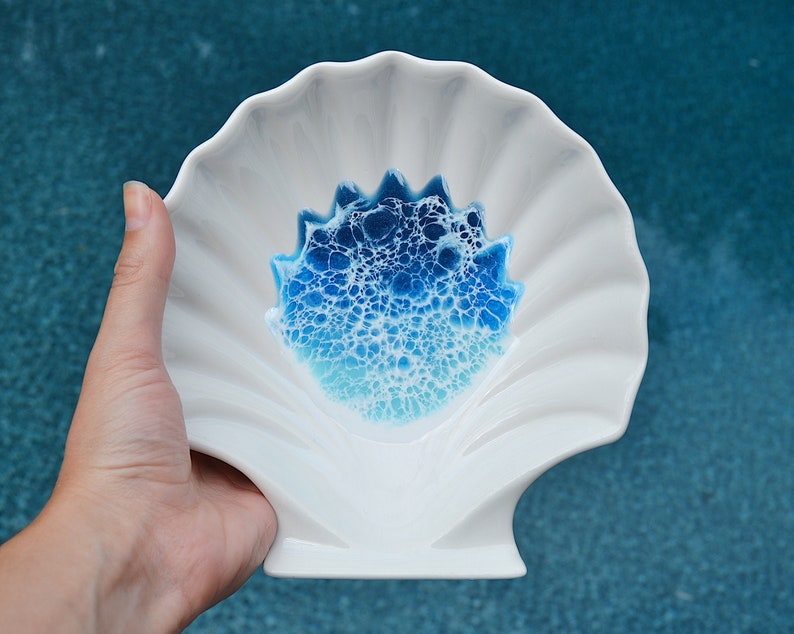 shell ring dish jewellery dish ocean dish engagement gift Ocean resin dish resin ocean shell ceramic trinket dish ocean resin wave