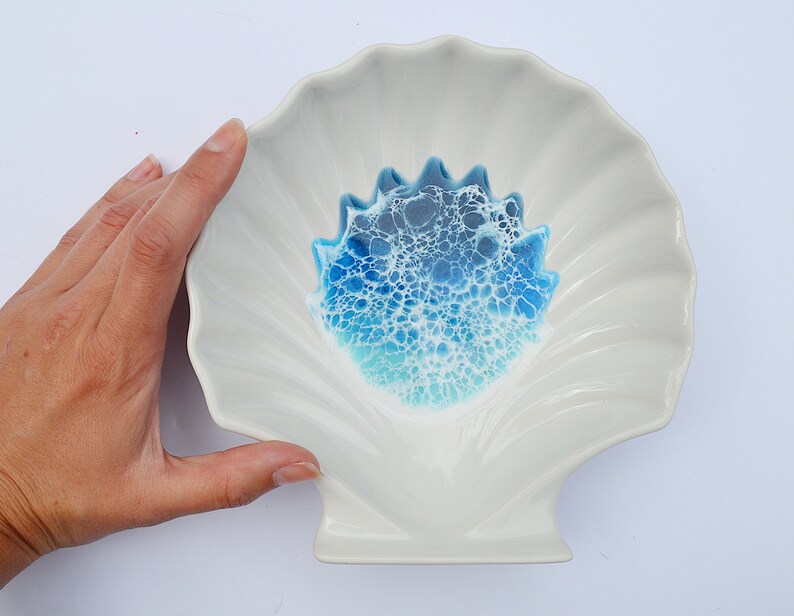 shell ring dish jewellery dish ocean dish engagement gift Ocean resin dish resin ocean shell ceramic trinket dish ocean resin wave