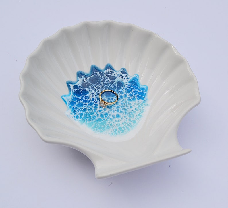 shell ring dish jewellery dish ocean dish engagement gift Ocean resin dish resin ocean shell ceramic trinket dish ocean resin wave