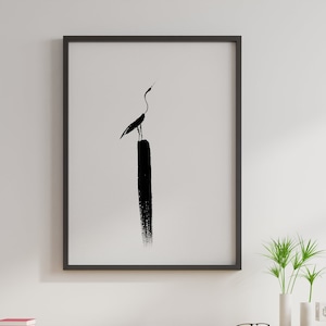 WAITING - Print of Original Watercolor Painting .  Brushstroke Asian Art Print . Sumi -e ink Painting Poster . Asian Crane Art Print