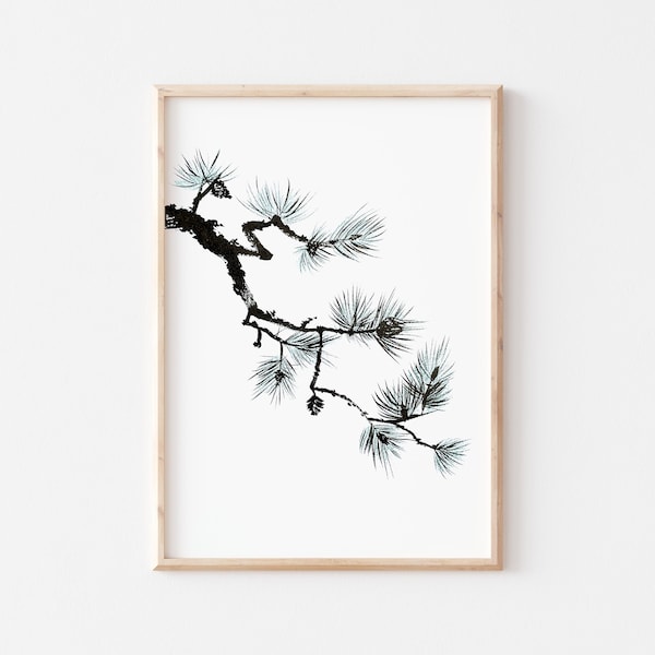 Pine Branch Original Watercolor Painting Print, Asian Art Print, Fine Art Giclee Print, Minimalist Tree Painting, Botanical Art Print