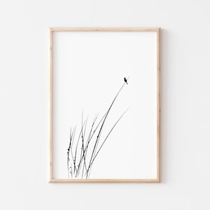 CALM RIVER、オリジナル水彩画、草の葉の上の朝の鳥、ミニマリストアート、墨絵アートインクプリント