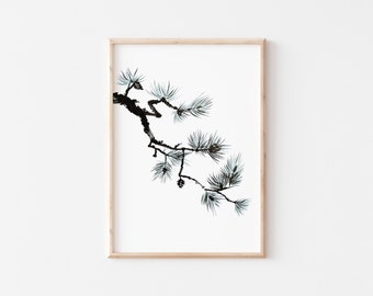 May include: A black and white illustration of a pine branch with blue-green needles. The branch is framed in a light wood frame.