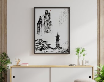 La Pagoda - Impresión original de pintura en acuarela, arte mural de tinta sumi asiática, impresión de arte asiático en blanco y negro, pintura de pagoda japonesa
