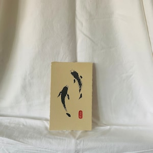 11x18 cm Dipinto a inchiostro di pesci Koi su carta di cotone, senza cornice inclusa, opera d'arte originale fatta a mano - NON una stampa o una copia