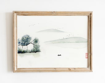 Minimalist Landscape Painting Giclee Print, Asian Wall Art Print, Watercolor Prints, Minimalist Japanese Art Home Decor, Peaceful Wall Art