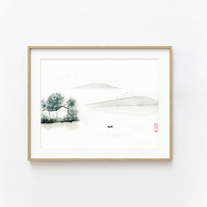 12x9 inch Original Watercolor PaintingNOT a Print, Minimalist Asian Landscape Wall Art, Sumi landscape painting, Handmade Asian Fine Art image 2