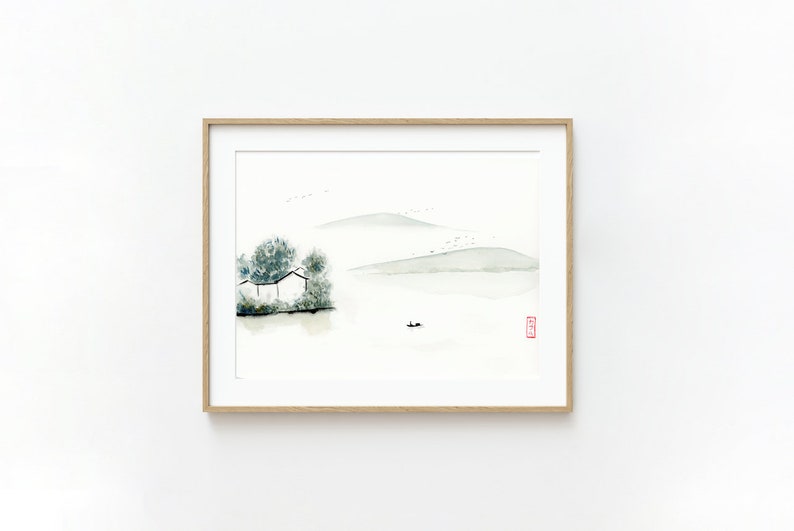 12x9 inch Original Watercolor PaintingNOT a Print, Minimalist Asian Landscape Wall Art, Sumi landscape painting, Handmade Asian Fine Art image 2