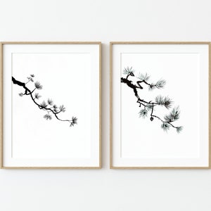 Set of 2 Original Art Prints, Minimalist Asian Art Print, Black and White Pine Tree Giclee Print, Asian Fine Art Sumi-e Print