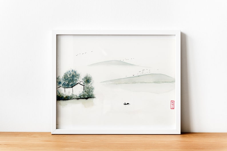 12x9 inch Original Watercolor PaintingNOT a Print, Minimalist Asian Landscape Wall Art, Sumi landscape painting, Handmade Asian Fine Art image 1