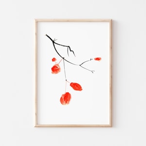 Rode bladeren aquarel Art Print, originele aquarel schilderij, Sumi-e Asian Art Print, Chinese Fine Art Print, minimalistische boomtak print