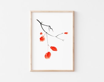Impresión artística de acuarela de hojas rojas, pintura de acuarela original, impresión artística asiática Sumi-e, impresión de bellas artes chinas, impresión minimalista de ramas de árboles
