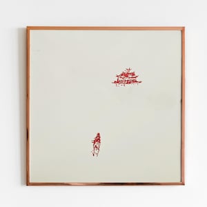 Schizzo originale/dipinto a mano di un monaco che torna al tempio dopo la questua quotidiana. Inchiostro su carta quadrata. 14,5x14,5 cm. NON è una stampa.