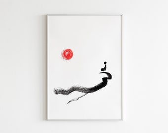 May include: A black and white ink painting of a person sitting on a hill with a red circle in the background.