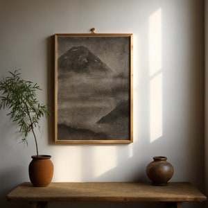 Handmade Original Mount Fuji Painting on Raw canvas with Watercolors and Acrylic, Monochrome Brown Landscape Original Painting 23x33 inch