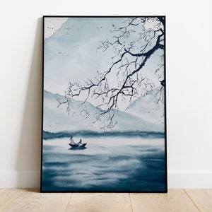 Lovers on a Misty lake, Oriental Art Giclee Print, original Watercolor Painting Art Print, Chinese Watercolor Painting Print, Asian Fine Art