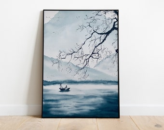 Liebende auf einem nebligen See, Orientalische Kunst Giclée-Druck, original Aquarell Malerei Kunstdruck, chinesische Aquarell Malerei Druck, asiatische bildende Kunst