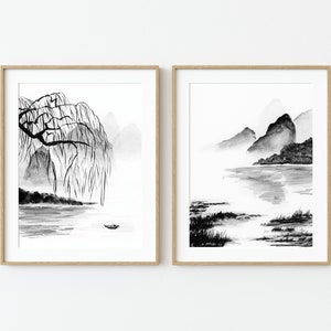 Set of 2 Landscape Fine Art Prints . Asian Landscape Posters . Black and White Giclee Wall Art . Asian Fine Art Sumi-e Print