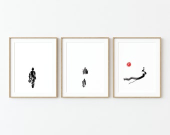 Set of 3 Monk Art Prints / Original Watercolor Giclee Prints / Minimalist Meditation Art Prints / Black and White Giclee Prints